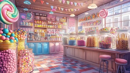 A colorful candy shop display, filled with jars of vibrant candies, lollipops, and chocolates, creating a whimsical and inviting atmosphere
