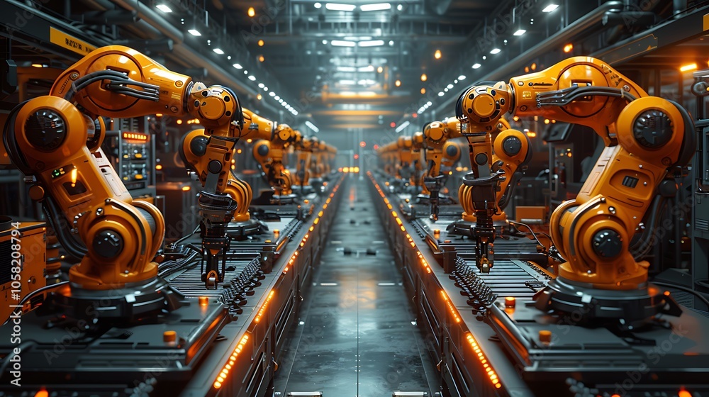 Poster A futuristic factory scene showcasing multiple industrial robotic arms in an automated production environment.
