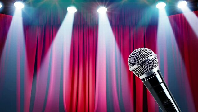 A microphone on a stage with a red curtain. Seamless 4K looping timelapse video animation background