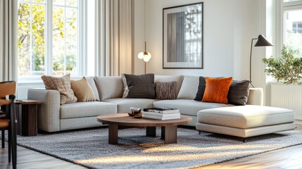 Fototapeta premium Modern Living Room with Sectional Sofa and Coffee Table
