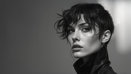 A black and white studio portrait of a high fashion model with short dark hair and wearing a black top with a high collar. Large earrings. Direct gaze. Copy space.
