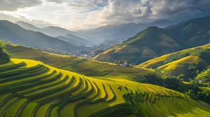 Fototapeta premium Terraced rice field in harvest season in Mu Cang Chai, Vietnam. Mam Xoi popular travel destination. 