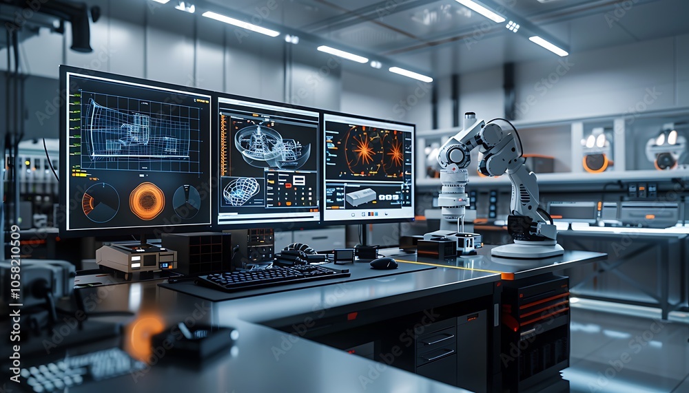 Poster A modern laboratory with multiple screens displaying data, robotic arm, and control panels, showcasing advanced technology and automation.
