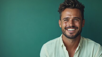 Fototapeta premium Portrait of a happy handsome man in a shirt with laughing