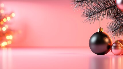 Elegant black and gold ornaments adorning a soft pink background perfect for holiday celebrations and festive decor