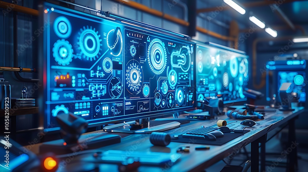 Fototapete A futuristic workspace featuring multiple high-tech screens displaying complex data, gears, and digital interfaces in a sleek, illuminated environment.