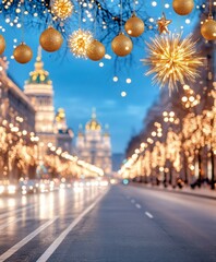 Festive street adorned with bright Christmas lights, illuminating buildings and creating cheerful holiday scene.