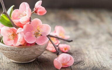 Small bowl filled with pink flowers on wooden table, showcasing delicate petals and natural beauty.