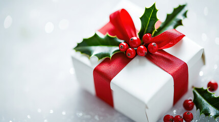 A white gift box with a red ribbon and Christmas ornament in white background copy space.