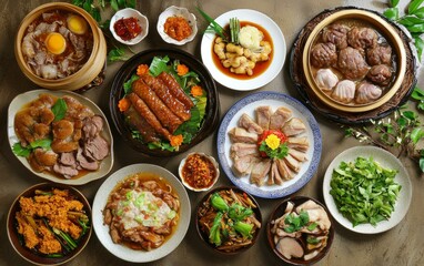 Table filled with various dishes, colorful salads, grilled meats, fresh bread, and desserts, ready for feast.