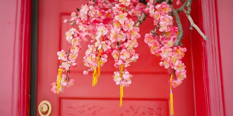 Red door with pink flower hanging, bright colors, inviting entrance, charming, simple, elegant design.