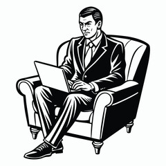 businessman sitting in armchair with laptop vector