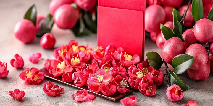Bunch of vibrant red flowers with blank red card, perfect for romantic occasions or heartfelt messages.