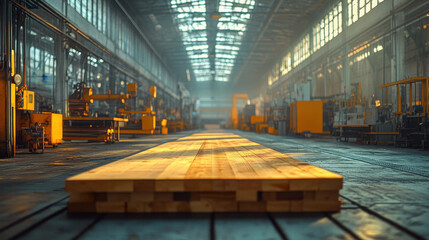 modern wood processing factory is showcasing freshly cut timber in spacious, well lit environment. warm glow of sunlight enhances natural beauty of wood, creating serene atmosphere