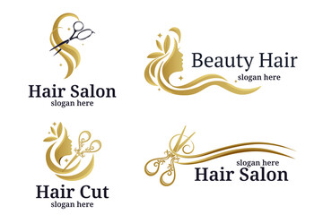 set of luxury Hair salon with hair and Scissors Concept logo design icon template