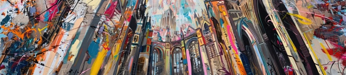 Naklejka premium vibrant colors backgrounds painting, paint splatters, thick brush strokes, and an abstracted cityscape