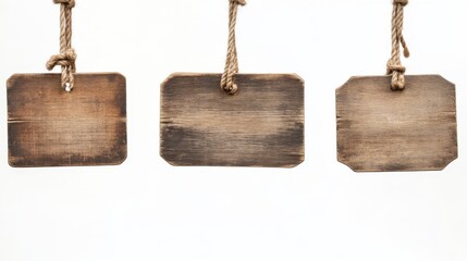 Fototapeta premium Three Rustic Wooden Signs Hanging on Rope