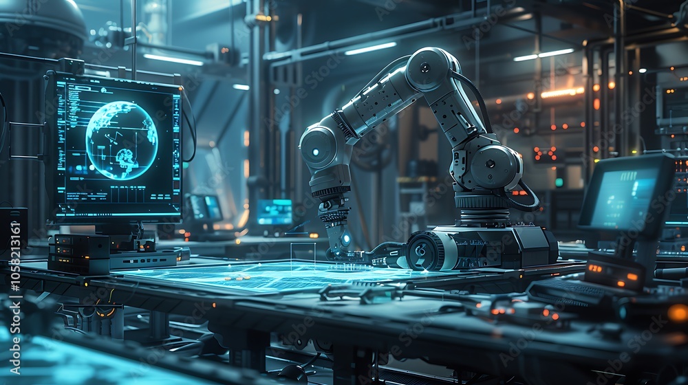 Poster A futuristic robotic arm operates in a high-tech laboratory with glowing screens, showcasing advanced automation and technology.