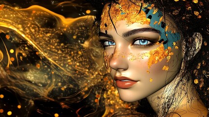 Portrait of a stunning woman with piercing eyes and a confident smile, set against a backdrop of swirling colors and abstract patterns, evoking a surreal and artistic atmosphere.