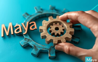 Hand Assembling Wooden Block Gear on Loading Bar for Business Growth and Productivity Improvement Concept