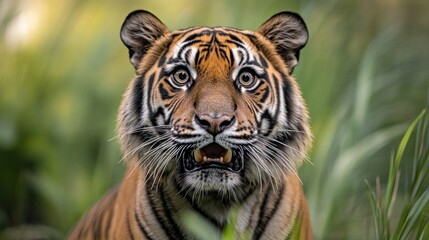 Fototapeta premium A close-up of a tiger's face amidst lush greenery, showcasing its striking features.