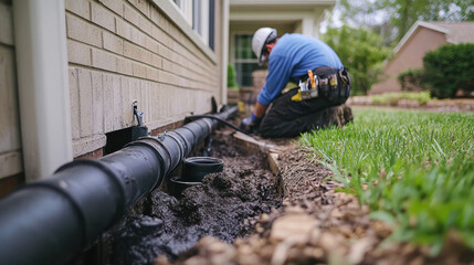 plumber is working diligently on drainage system outside home, ensuring proper maintenance and functionality. scene captures importance of home upkeep and plumbing services