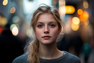 young woman stands in bustling city, her serene expression contrasting with vibrant, blurred lights around her. atmosphere is lively yet intimate, capturing moment of calm amidst chaos