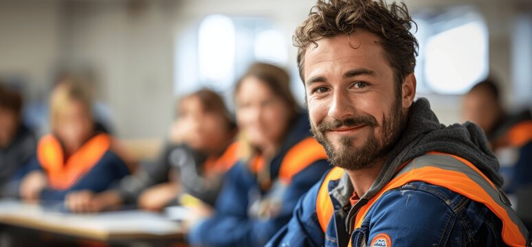 construction worker training classroom learning seminar mature man electrician plumber studying education skill development professional engineer technical lecture student senior