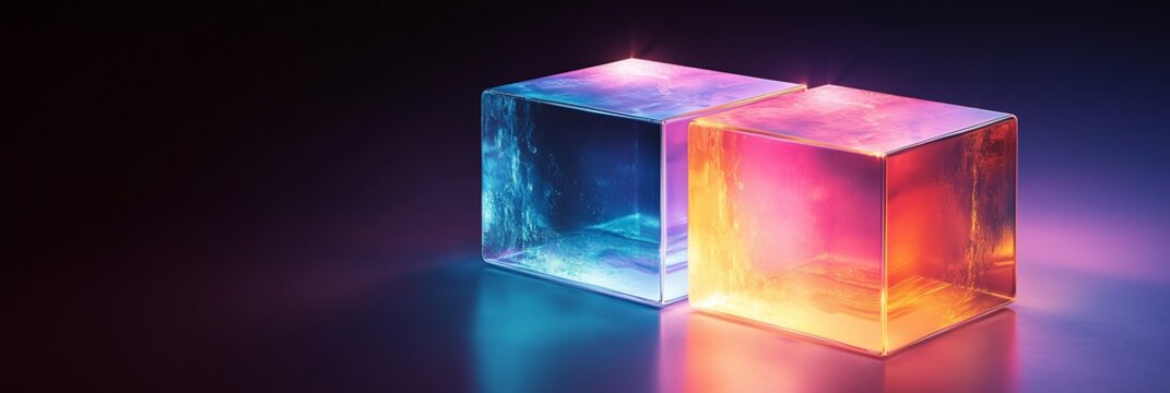 Abstract background with glowing holographic cubes on a dark blue, black and neon colored background