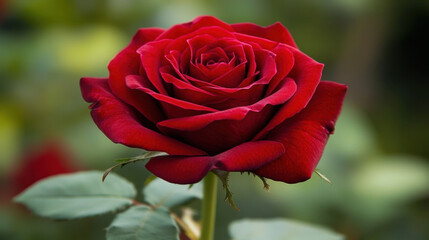 stunning red rose with lush green leaves in background, symbolizing love and beauty. This vibrant flower captures essence of natures elegance and charm