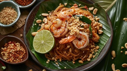 Pad Thai with juicy shrimp, a sprinkle of peanuts, and a slice