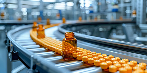 Naklejka premium Pharmaceutical Bottles on Conveyor Belt in Factory, Automated Production Line for Orange Bottles