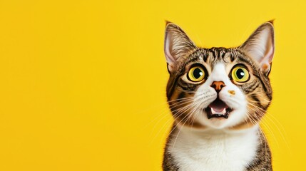 Obraz premium A surprised cat with wide eyes against a vibrant yellow background, conveying curiosity and playfulness in a colorful setting.