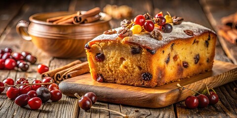 A rustic loaf cake dusted with powdered sugar, adorned with vibrant berries, nestled on a wooden cutting board alongside cinnamon sticks, creating a warm and inviting image.