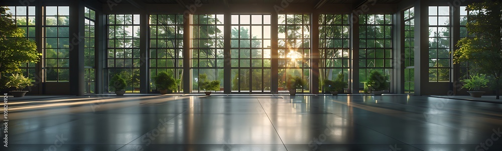 Aufkleber A spacious, sunlit interior with large windows framed by greenery, creating a serene environment that blends nature and architecture.