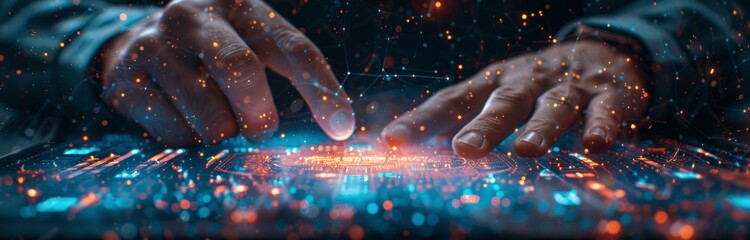 Digital Technology and Cybersecurity Businessman Using Tablet for Data Transfer and Network Connection in Server Room with Engineer Troubleshooting and Analytics in Futuristic High Resolution Style