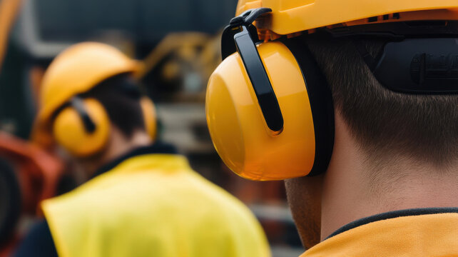Workers wearing ear protection in construction environment, focused on safety and teamwork. Their yellow helmets and ear muffs highlight importance of hearing protection