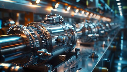 A metallic assembly of industrial machinery showcased with intricate detailing and reflections, highlighting advanced engineering in a factory environment.