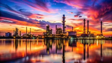 Naklejka premium Silhouettes of a sprawling industrial complex bathed in the vibrant hues of a fiery sunset, their reflections shimmering on the tranquil surface of a nearby waterway.