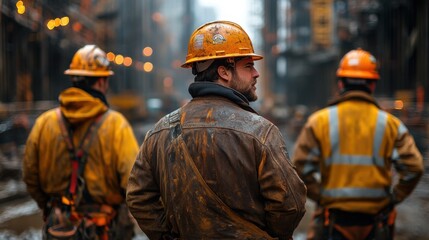 Fototapeta premium Construction workers in safety gear on a job site.