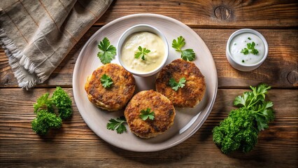 Crispy golden-brown patties nestled in a creamy sauce, adorned with fresh parsley sprigs, a culinary delight served on a rustic wooden table.