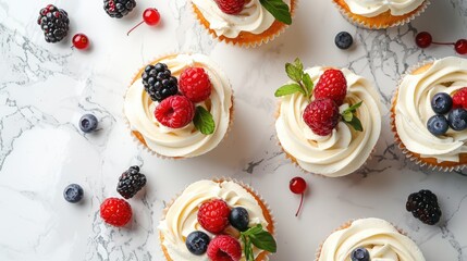 Cupcakes with berries on marble table, top view. Text space available.