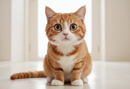Cute orange tabby cat with large green eyes sitting on white floor, looking at camera. Bright, minimalistic background. Ai generated image.