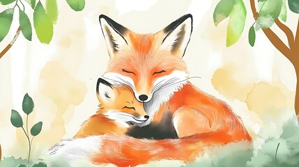 A heartwarming illustration of a caring fox mother tenderly cradling her adorable baby cub in a cozy den, surrounded by lush greenery and soft sunlight streaming in through the leaves.