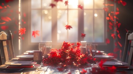 A table with red maple leaves in the fall, illuminated by sunlight, serves as a natural seasonal backdrop for