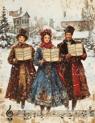 Victorian Christmas carolers singing with sheet music in winter setting
