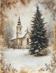 Vintage snowy church scene with tall pine tree and ornate border

