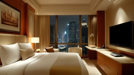A luxurious hotel room with a city skyline view at night.