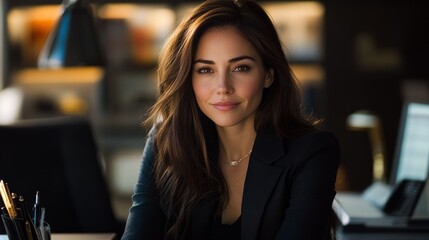 A hyper realistic portrait of a professional woman sitting confidently at a modern table, illuminated by soft natural light and surrounded by reflective expressions and symbolic elements.