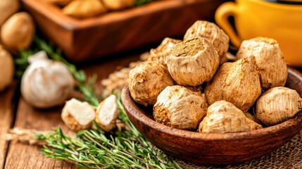 A close-up of a bowl filled with earthy, textured root vegetables on a rustic wooden surface, accompanied by garlic and herbs.